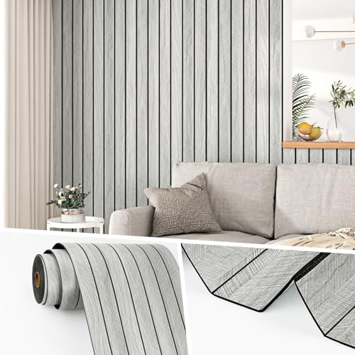 Wallercity Gray/White Peel and Stick Wood Slat 3D Panels for Dining Room Bedroom 11.8''x118'' Wooden Panels Wall Decor Self Adhesive Waterproof Wood Paneling Soundproof Slat Wallpaper for Backsplash - color: Gray/White, size: 11.8" x 118"