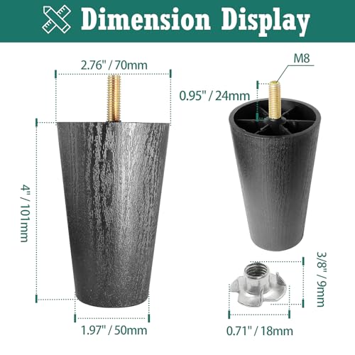 4pcs Plastic Furniture Legs 4" with T-Nuts, M8-1.25 Bolt, Widen - size: 4 Inch Widen, M8-1.25 Metric Thread Bolts