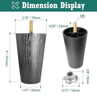 4pcs Plastic Furniture Legs 4" with T-Nuts, M8-1.25 Bolt, Widen - size: 4 Inch Widen, M8-1.25 Metric Thread Bolts