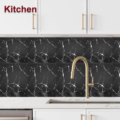 HARFINGTON 15pcs Peel and Stick Marble Tiles, Waterproof Wall Panel Backsplash, 12"x12" PVC Peel and Stick Shower Tiles for Bathroom, Kitchen, Living, Black and White Root Design - style: Black and White Root