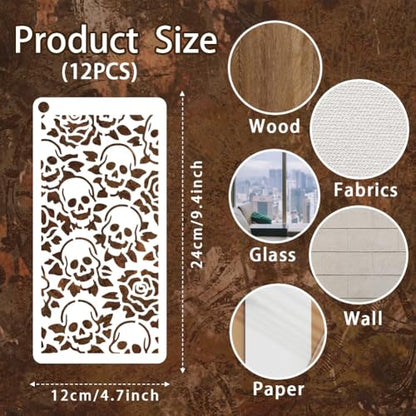 12 Sheets Gothic Texture Stencil for Painting, Rose Skull Retro Flower Drawing Stencil Reusable Punk Rock Art Template for Painting on Wall Wood Home Decor - style: Gothic Texture