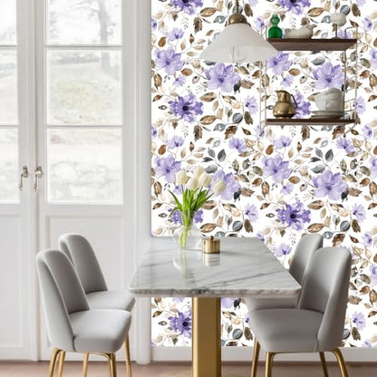 Modern Purple Floral Peel and Stick Wallpaper 17.7" x 124" - color: Purple/Brown, size: 17.7" x 124"