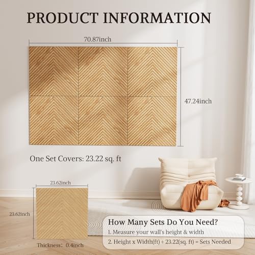 Acoustic Wall Panels, 6 Piece 23.62" X 23.62" Peel and Stick Wall Panels - color: Timber Vee Herringbone, size: 72 X 48 Inches