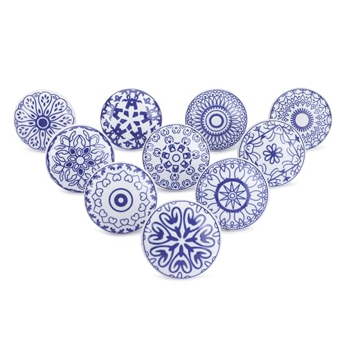 Ajuny 10 Blue White Ceramic Cabinet Knobs, Printed Drawer Pull Handles Set - color: Blue-White