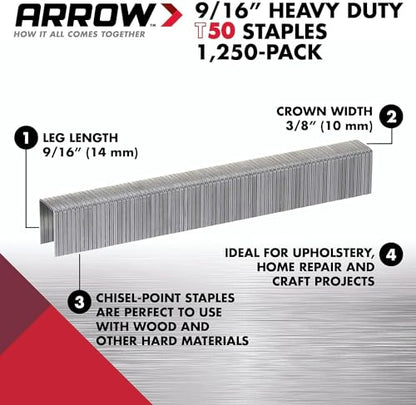 Arrow T50 9/16" Staples, 1250 Count - size: 9/16 in.