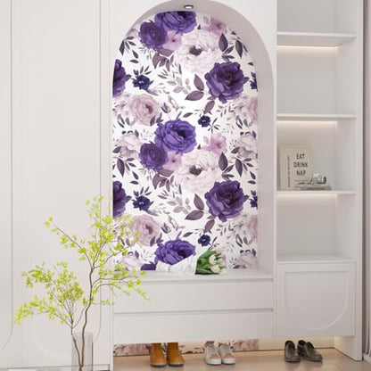 BOKEBEVE Boho Floral Wallpaper Peel and Stick White Purple 17.5 x 393.5In - color: White/Purple, size: 17.5" x 393.5"