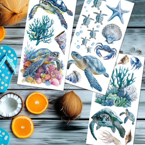 3 Sheets Sea Rub on Transfer Stickers for Furniture and Crafts Sea Turtles Wall Stickers Waterproof Transfer Decals Sticker Marine Animal Transfer Sticker for Dresser Glass Wood 6"x12" - color: Summer Pattern A