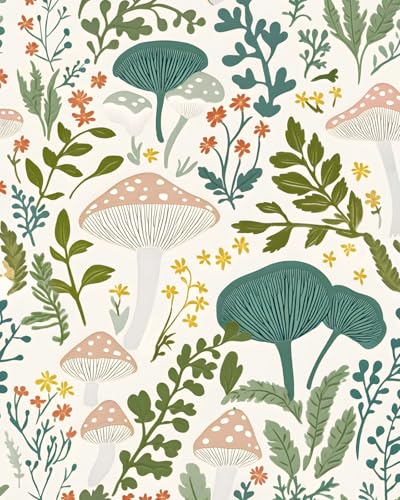 Pink Green Mushroom Peel and Stick Wallpaper 17.5" x 118" - color: Beige Mushroom, size: 17.5" x 118"