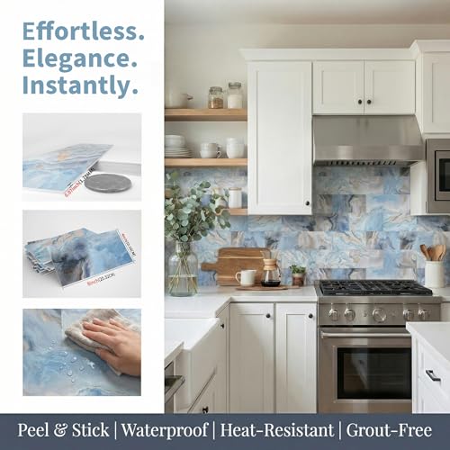 32 Sheets Blue Onyx Marble Look Peel & Stick Subway Tile 4"x8" - color: Blue Onyx Marble, size: 32 Pcs 4" x 8" x 0.07"