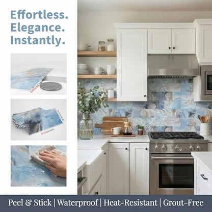 4 Sheets Blue Onyx Marble Look Peel & Stick Subway Tile 4"x8" - color: Blue Onyx Marble, size: 4 Pcs 4" x 8" x 0.07"