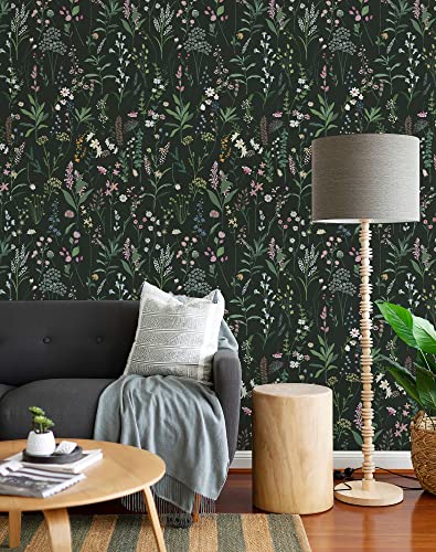 JiffDiff Dark Green Botanical Floral Peel and Stick Wallpaper, 17.3" x 118" - color: Dark Green, size: 17.3" x 118"