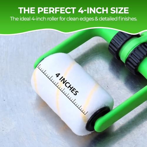 Ergonomic 4 Inch Paint Roller Frame Kit with Extension Handle, Lightweight Mini Paint Roller for Walls, Cabinets, Trim and Furniture, Comfortable Grip Helps Reduce Hand Fatigue, Green