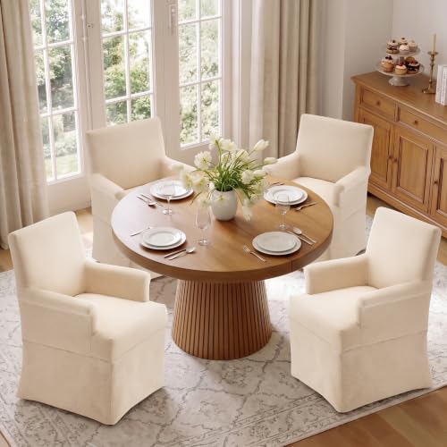 Arm Dining Chair Fabric Long Skirt Slipcovered High Back Upholstered Dinner - color: Beige, size: 1 PC