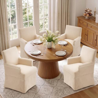 Arm Dining Chair Fabric Long Skirt Slipcovered High Back Upholstered Dinner - color: Beige, size: 6 PCS