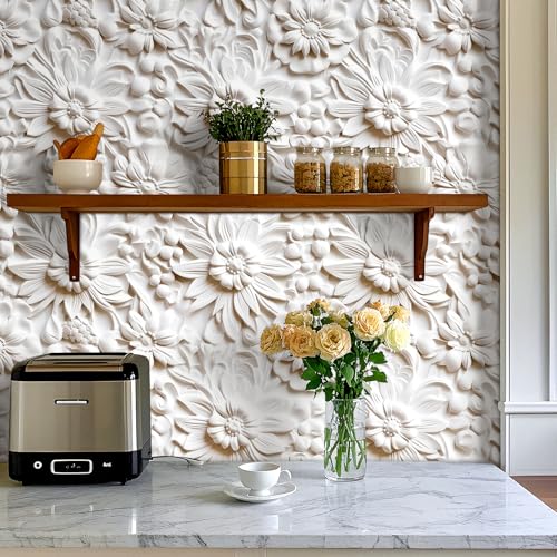 17.5x475 Off White Contact Paper Peel and Stick Floral Wallpaper White Paintable Baroque Art Deco Flower Wall Mural Wallpaper 3D Embossed Wall Paper Peel and Stick Modern for Bathroom Ceiling - size: 17.5" x 475"