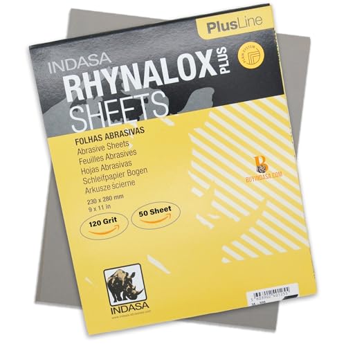 Indasa 50 PCS 9x11 Sandpaper Rhynalox Plusline - 120 Grit Dry Sanding Sheets, Professional-Grade Abrasive for Wood, Metal, Automotive, and Paint Finishing - Durable, Clog-Resistant Sand Paper - size: 120 GRIT 9x11" Rhynalox