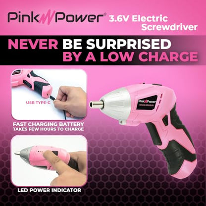 Pink Power Cordless Screwdriver Set 3.6V Electric Rechargeable Gun Kit LED