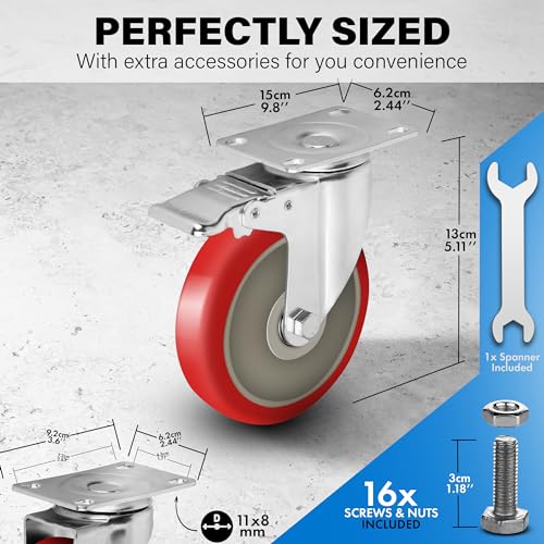 5 Inch Caster Wheels Heavy Duty Casters Set of 4, 2400 LBS Load Capacity - color: Red & Silver, size: 5 Inch