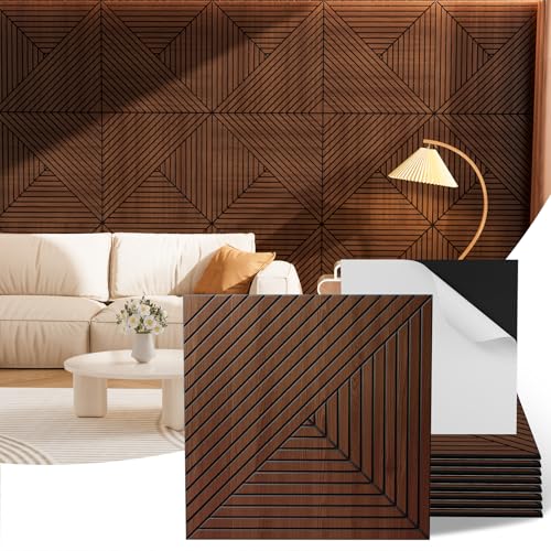 Acoustic Wall Panels, 8 Piece 23.62"X 23.62" PVC Peel and Stick Wall Panels - color: Walnut-Elysian Step Vortex, size: 94 X 48 Inches