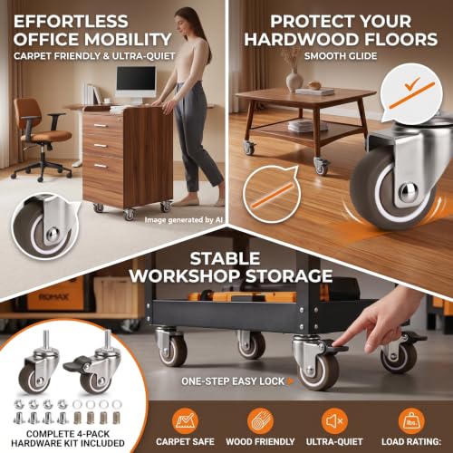 WANLIAN M6 Threaded Stem Casters Set of 4 Heavy Duty Swivel Caster Wheels with Brakes, TPE Rubber Small Screw Replacement Wheels for Furnitures, Rolling Carts, Standing Desks, Wire Shelving (1 Inch) - style: 1 Inch
