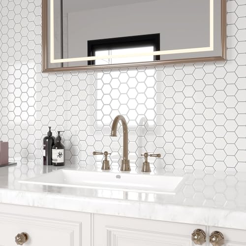 VEELIKE White Hexagon Peel and Stick Backsplash Tile 6-Sheets Stick on Backsplash for Kitchen White Wall Tile Stickers for Bathroom Waterproof Adhesive Backsplash Tiles for Wall Laundry Room 12''x12'' - size: Box of 6 Tiles