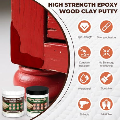 Epoxy Wood Filler - 16 oz Dark Red Epoxy Putty, 2 Part Wooden Putty for Wooden, Metal, Plastic, Glass, Ceramic Crack Repairing and Bonding, DIY Sculptures, Wood Filler Repair Kit