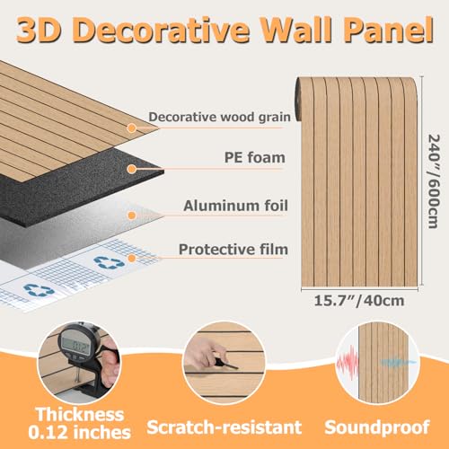 Arthome Peel and Stick Slat Wall Panels 15.7 "x240,Self-Adhesive PVC Wood Grain Wallpaper Panel,3D Thick Faux Soundproof Backsplash Accent Wall Tile for Walls & Furniture (Oak- Coverage 26 Sq.ft) - color: Oak, size: 15.7" x 240"