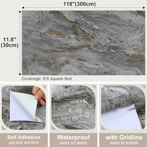 Grey and Gold Marble Granite Wallpaper Glossy Waterproof Gray Marble Contact Paper for Cabinet Table Desk Peel and Stick Modern Vinyl Countertop Wrap, Sticky, Removable, Thick, 11.8"x118" - color: Glossy Grey, size: 11.8" x 118"