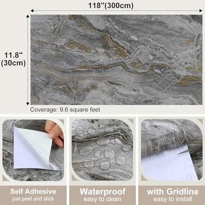 Grey and Gold Marble Granite Wallpaper Glossy Waterproof Gray Marble Contact Paper for Cabinet Table Desk Peel and Stick Modern Vinyl Countertop Wrap, Sticky, Removable, Thick, 11.8"x118" - color: Glossy Grey, size: 11.8" x 118"