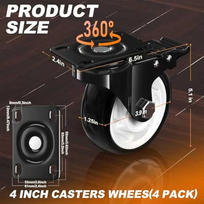 QNCZ 4" Caster Wheels with Brake, Black, Heavy Duty, Quiet, Set of 4 - color: black, size: 4 IN