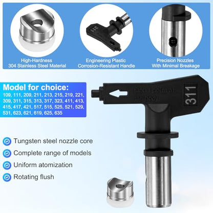 M METERXITY 1-Set Airless Paint Sprayer Tips, Tungsten Steel Reversible Spray Tips with 1 Pad for Homes/Buildings/Garden/Decks/Fences [Black, 311] - size: 311