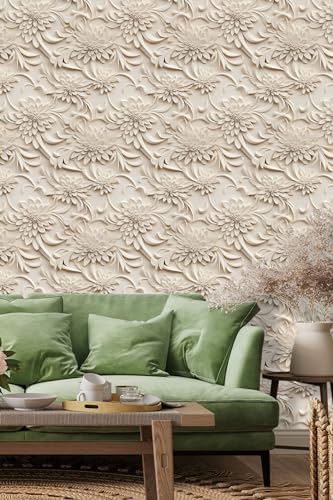 Peel and Stick Wallpaper Light Brown Scroll Floral Accent - color: Brown, size: 17.7" x 118"