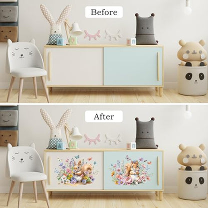 Joeyan Animal and Flower Rub On Transfers for Furniture and Crafts, 2 Large Design Sheets 12''x18'', DIY Home Decal on Wood Glass Metal Canvas Porcelain Paper Plastic, Squirrels in Flower Cluster - style: Squirrel