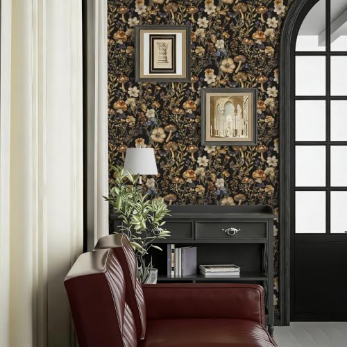 Froluya Mushroom Wallpaper Peel and Stick Dark Contact Paper 16.9” x 118.1” - color: Dark, size: 16.9" x 118.1"