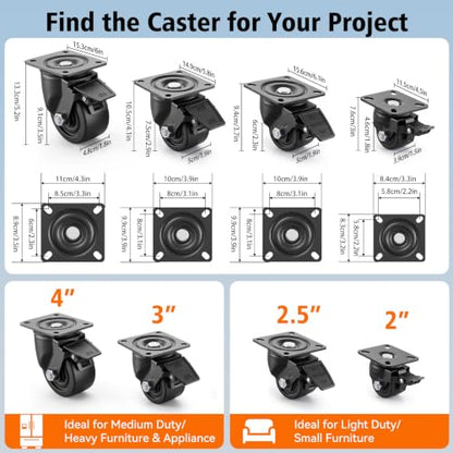 2Inch Heavy Duty Caster Wheels with Brakes, Load Capacity 1600LBS, Set of 4 - size: 2in