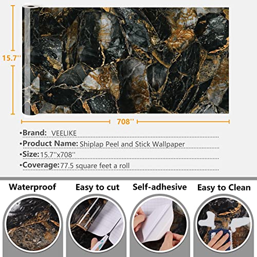 VEELIKE Glossy Slate Gold Marble Contact Paper for Countertops Waterproof 15.7''x708'' Marble Wallpaper Peel and Stick Countertops for Kitchen Self Adhesive Countertop Vinyl Paper for Bathroom Table - size: 15.7" x 708"