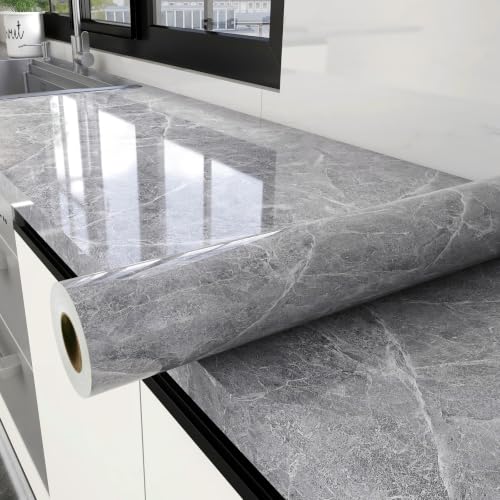 Glossy Grey Marble Contact Paper for Countertops Peel and Stick Wallpaper - color: Gray, size: 15.7" x 472.4"