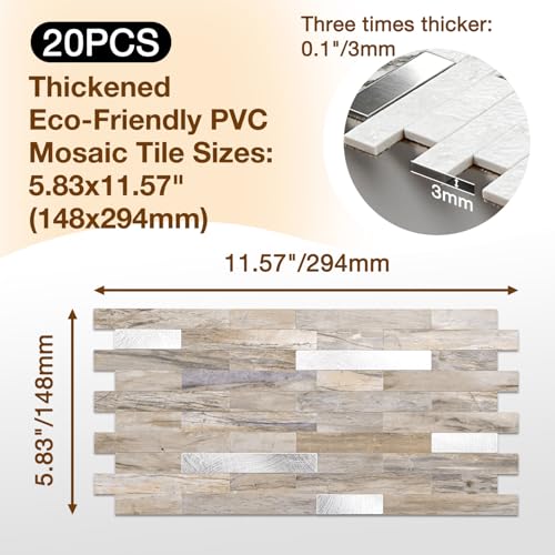 Peel and Stick Backsplash Tile Waterproof Removable PVC Wall Sticker 3D Faux Stone Marble Brick White Accent Panels (Gray - Yellow Stone - Metal Silver, 20 Tiles - 9 sq. ft. (0.84 M²)) - color: Gray - Yellow Stone - Metal Silver, size: 20 Tiles - 9 sq. ft