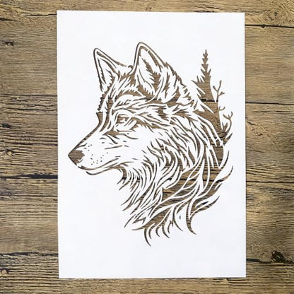 TIAMECH A4 Reusable Wolf Head Pine Tree Stencil for Painting - color: Wolf Head Pine Tree