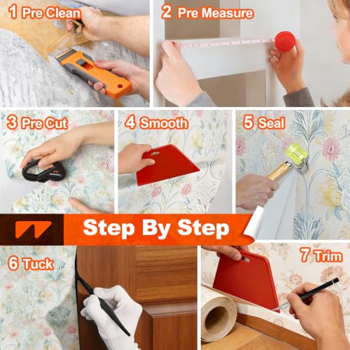 WRAPXPERT Wallpaper Tools, Smoothing Tool Kit for Peel and Stick Wallpaper/Contact Paper/Vinyl Backsplash Applying, with Squeegee Smoother, Seam Roller, Razor Scraper, Knife and Blades - color: T30