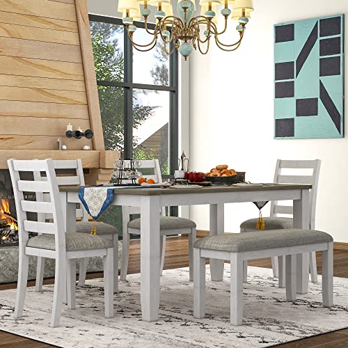 Dining Table Set with 4 Chairs and Bench, 6-Piece, Brown/Whitewash - color: Brown+whitewash