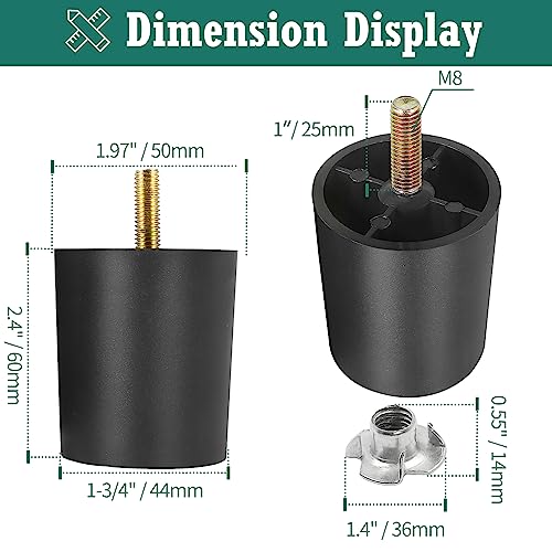 4pcs Plastic Furniture Legs 2.4" with T-Nuts, M8-1.25 Thread Bolt - size: 2-3/8 Inch, M8-1.25 Metric Thread Bolts