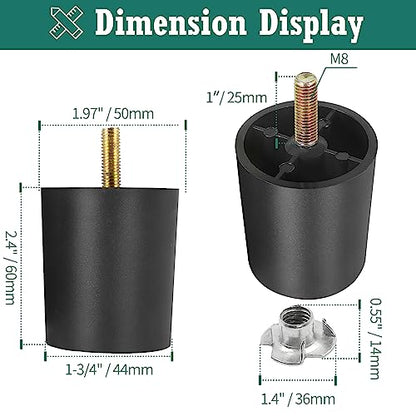 4pcs Plastic Furniture Legs 2.4" with T-Nuts, M8-1.25 Thread Bolt - size: 2-3/8 Inch, M8-1.25 Metric Thread Bolts