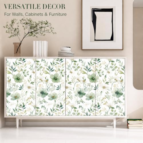Sage Green Floral Peel and Stick Wallpaper 17.7" x 118" - color: Sage Green & White, size: 17.7" x 118"