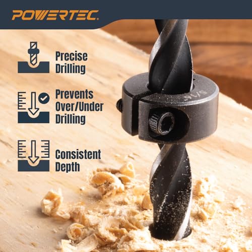 POWERTEC Drill Bit Stop Collar Set, 7 Piece Set Adjustable Drill Bit Depth Stopper with Allen Wrench, Bits Stop with Imperial System Size Markings - 1/8", 3/16", 1/4", 5/16", 3/8", 7/16", 1/2” (72294) - style: 7PC Imperial Drill Stop Set (1/8"-1/2")