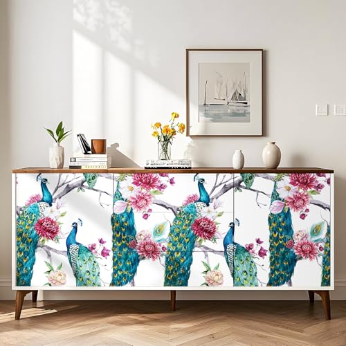 Chinoiserie Wallpaper Peel and Stick Waterproof Peacock Wallpaper Stick and Peel Blue Green Peacock Wall Paper for Bathroom Cabinets Floral Pink Peony Removable Floral Contact Paper 17.5x80 - size: 17.5" x 80"