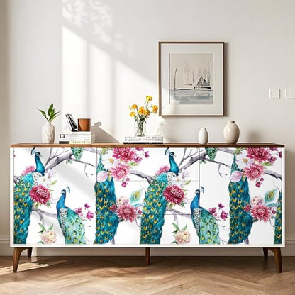 Chinoiserie Wallpaper Peel and Stick Waterproof Peacock Wallpaper Stick and Peel Blue Green Peacock Wall Paper for Bathroom Cabinets Floral Pink Peony Removable Floral Contact Paper 17.5x80 - size: 17.5" x 80"