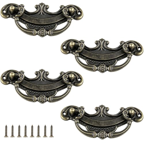 4 Pack Antique Brass Drop Bail Drawer Pulls 3.5 Inch Center to Center, Vintage Cabinet Handles for Dresser Furniture Restoration, Baroque Style Hardware for Cupboard Wardrobe