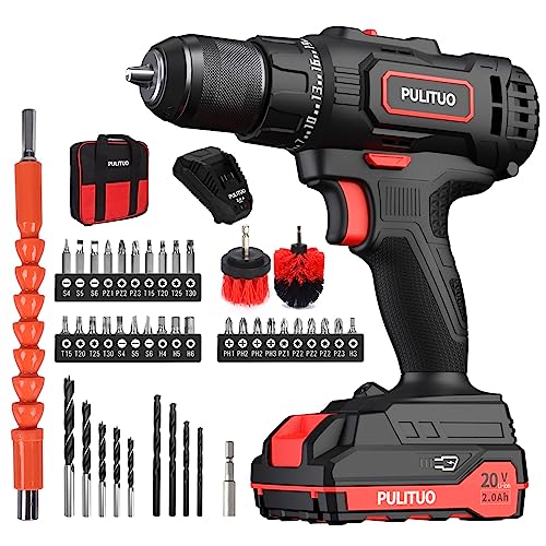 PULITUO Cordless Drill Set, 20V/2.0Ah Electric Power Drill, Torque 45N.m, 25+1 Torque Setting,1/2” Keyless Chuck, 2 Variable Speed Setting, with 43 PCS Bits, Storage Bag - color: 20v Drill - Pro Work