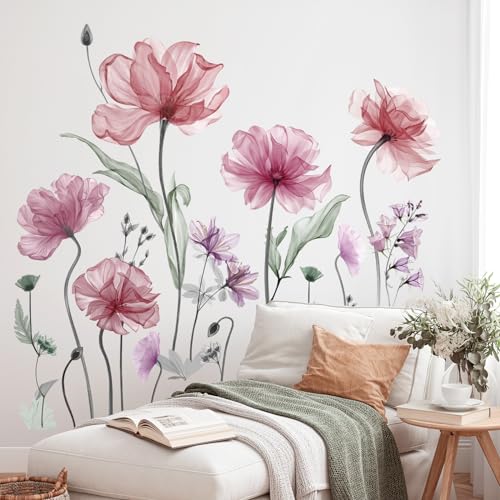 decalmile Poppy Flower Pink Floral Blossom TV Wall Decals Stickers